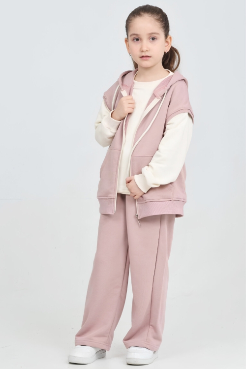 Kız Çocuk Yelekli ve 3 İplik 3lü Takım  7-12 Yaş 12797BL