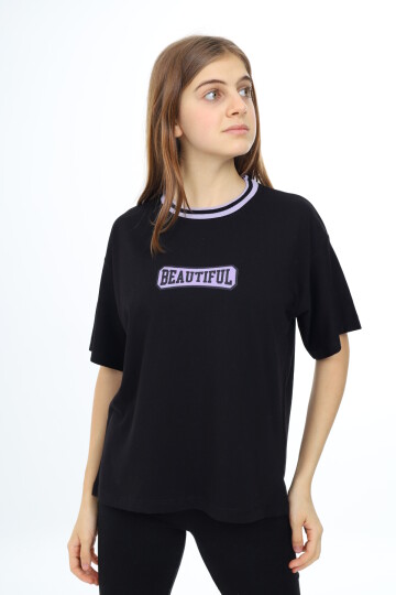 Kız Çocuk Yaka Ribanalı Yazı Baskılı T-Shirt 9-14 Yaş Lx5020