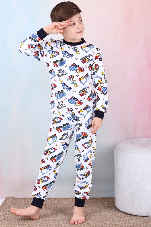Erkek Çocuk İş Makineleri Baskılı Pijama Takımı 1-7 Yaş 12291