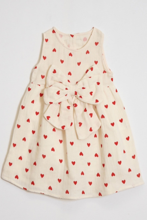 Kız Çocuk %100 Müslin Pamuk Fiyonk Detaylı Elbise 4-10 Yaş 12262