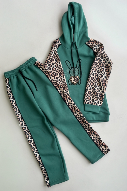 Kız Çocuk 3 İplik Alt-Üst Takım Kapüşonlu Rotasyon Desenli Nakış ve Taş Baskılı 12311