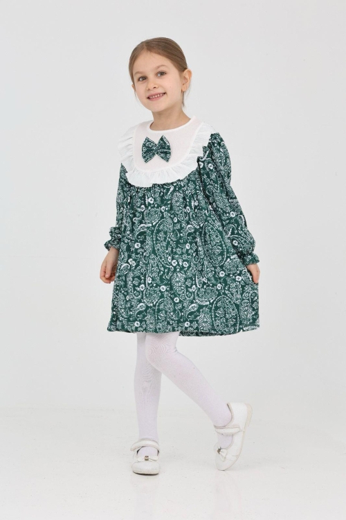 Kız Çocuk Bürümcük Kumaş Yaka ve Fiyonk Detaylı Elbise 12188