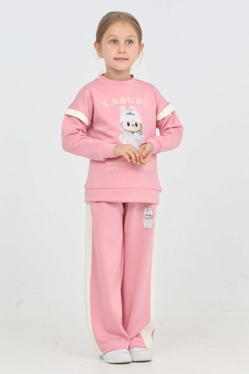 Kız Çocuk Double Face Kumaş Karakter Baskılı Geniş Paçalı Alt-Üst Takım 12299