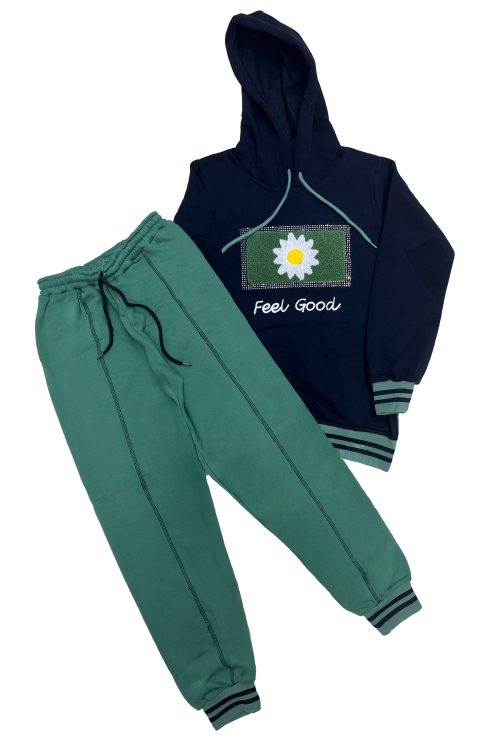 Kız Çocuk Kapüşonlu Papatya Nakışlı Taş Süslemeli 3 İplik Alt- Üst Takım 12323