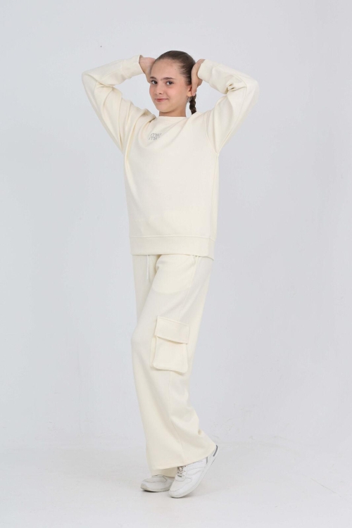 Kız Çocuk Double Face Kumaş Kargo Cepli ve Geniş Paçalı Alt-Üst Takım 12294