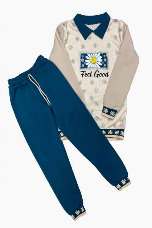 Kız Çocuk Papatya Baskılı Taş Süslemeli 3 İplik  Alt Üst Takım 12324