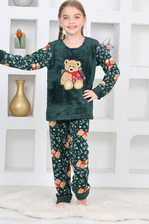 Kız Çocuk Welsoft Kumaş-Göz Bantlı Ayıcık Baskılı Pijama Takımı 12293