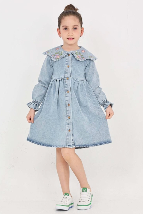Kız Çocuk Yaka Detaylı ve Boydan Düğmeli Jean Elbise 12339