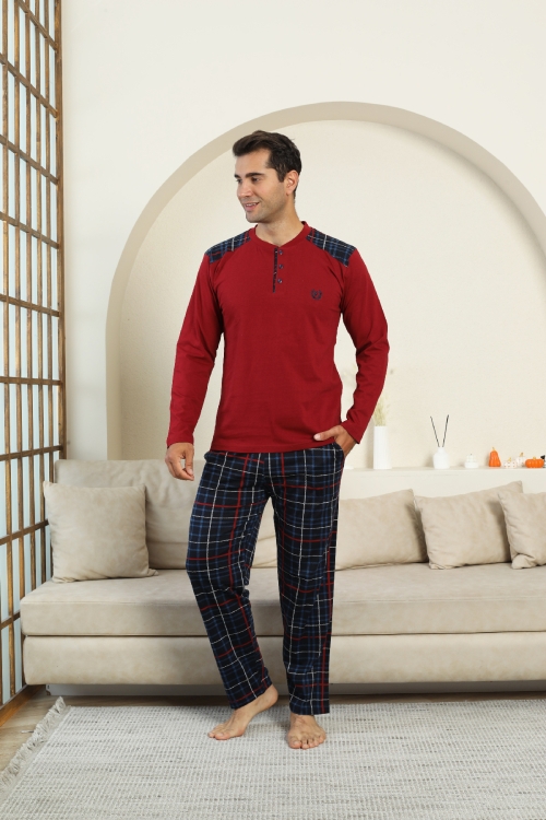 Erkek %100 İnterlok Pamuk Kumaş Ekose Bloklu Pijama Takımı 12481