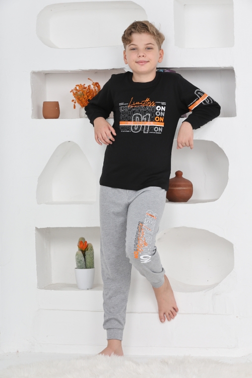 Erkek Çocuk Baskılı %100 Pamuk İnterlok Kumaş Pijama Takımı 12446