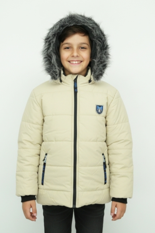 Erkek Çocuk İçi Peluş Astarlı-Kürk Kapüşonlu-Fermuarlı Mont 12369