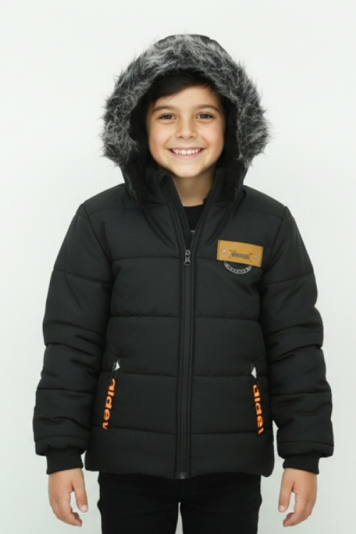 Erkek Çocuk İçi Peluş Astarlı-Kürk Kapüşonlu-Fermuarlı Mont 12369