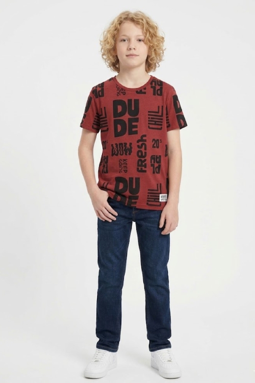 Erkek Çocuk Yazı Görselli - Geniş Kesim T-Shirt 8-12 Yaş 12557