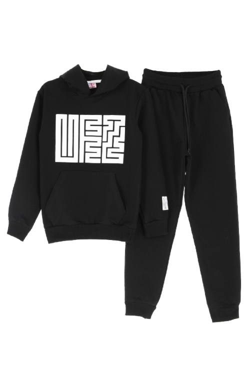 Kız Çocuk 2 İplik Küfe Yazı Görselli Kapüşonlu Alt-Üst Takım 12374