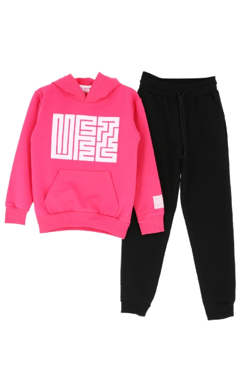 Kız Çocuk 2 İplik Küfe Yazı Görselli Kapüşonlu Alt-Üst Takım 12374