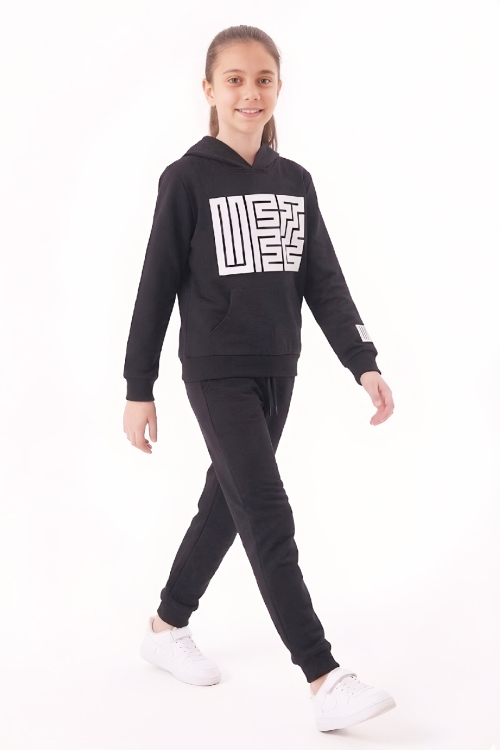 Kız Çocuk 2 İplik Küfe Yazı Görselli Kapüşonlu Alt-Üst Takım 12374