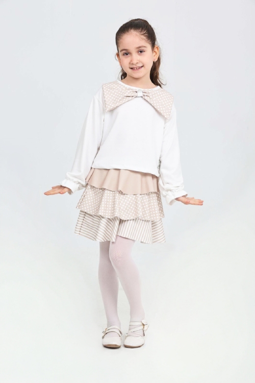 Kız Çocuk 2li Elbise -Kat Kat Etekli ve Fiyonk Detaylı 3-12 Yaş 12520