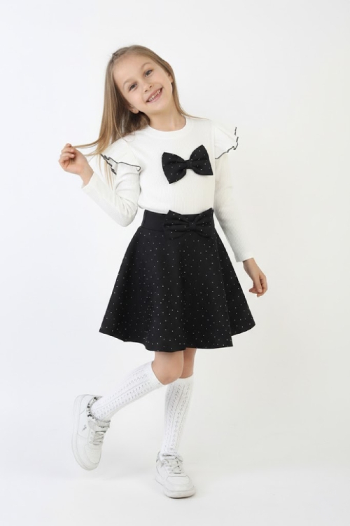 Kız Çocuk 2li Elbise Taş Süslemeli Etek+Omuz Detaylı ve Fiyonklu Bluz 4-9 Yaş 12503