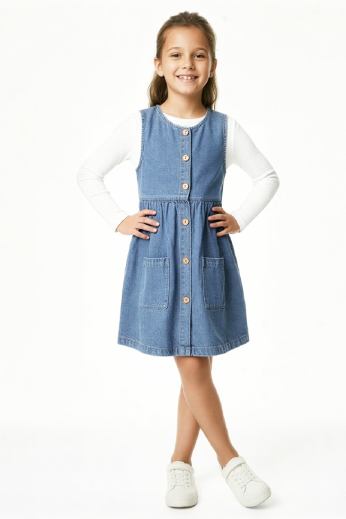 Kız Çocuk 2li Jean Elbise (Çift Cepli Jean Elbise+Bluz)12533