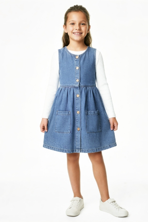 Kız Çocuk 2li Jean Elbise (Çift Cepli Jean Elbise+Bluz)12533