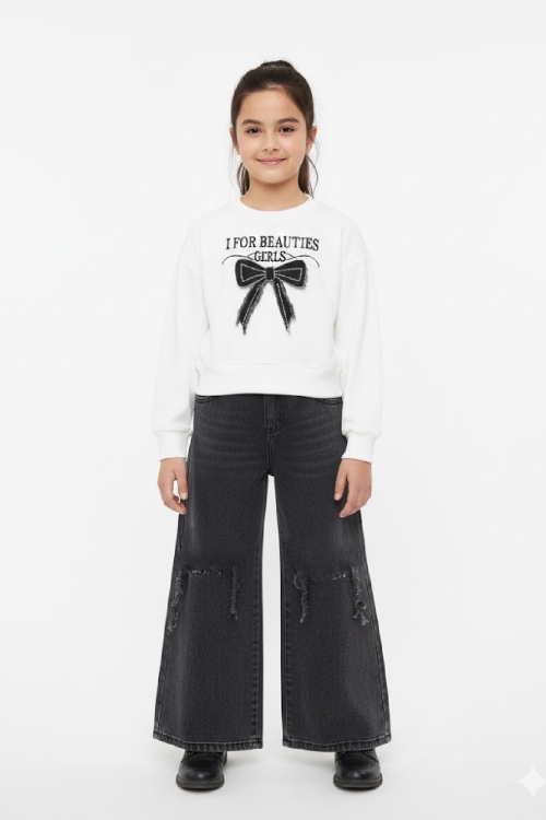 Kız Çocuk 2li Jean Takım (Pantolon+Sweatshirt) 5-10 Yaş 12472