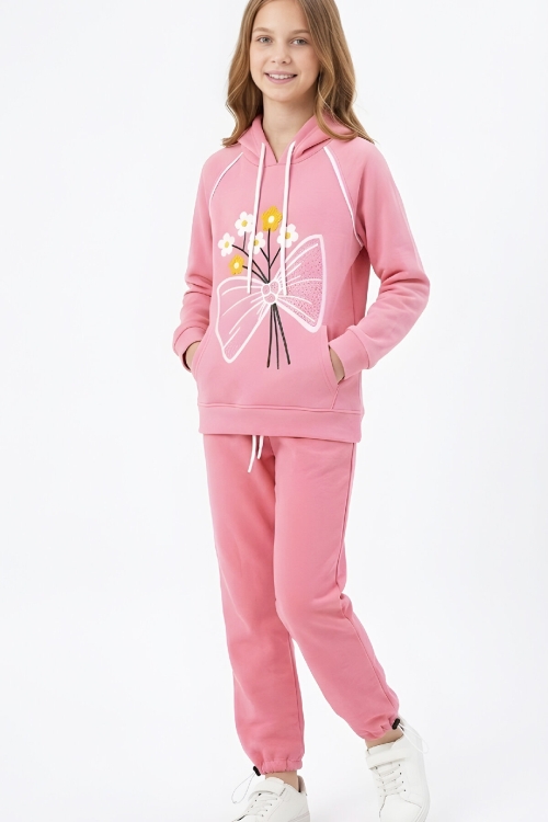 Kız Çocuk 3 iplik Kapüşonlu Nakış ve Taş Baskılı Paça Sıkma Aparatlı Alt-Üst Takım 12310