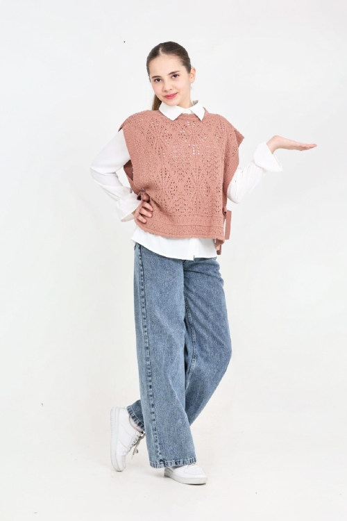 Kız Çocuk 3lü Jean Takım (Pantolon+Gömlek+Triko Yelek)  5-15 Yaş 12545