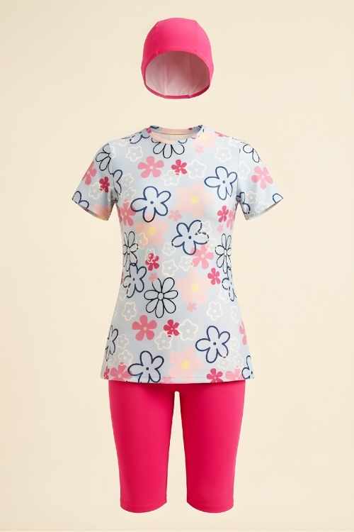 Kız Çocuk 3lü Mayo Takımı (Kısa Kollu Üst+Diz Boy Alt ve Bone) 7-16 Yaş 12591B