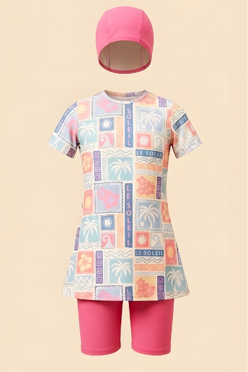 Kız Çocuk 3lü Mayo Takımı (Tunik Boy Kısa Kollu Üst+Diz Boy Alt ve Bone) 7-16 Yaş 12592B