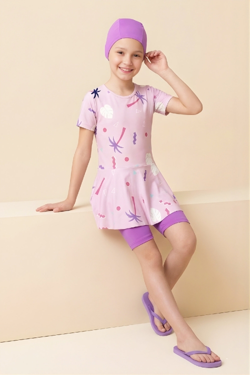 Kız Çocuk 3lü Mayo Takımı (Tunik Boy Üst+Diz Boy Alt ve Bone) 7-16 Yaş 12600B