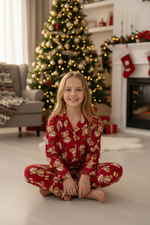 Kız Çocuk Ayıcık Baskılı Pijama Takımı-%100 Pamuk Süet -12482