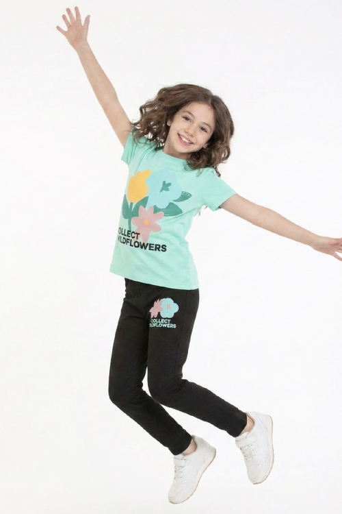 Kız Çocuk Çiçek Baskılı-Taytlı Alt-Üst Takım 3-10 Yaş 12550