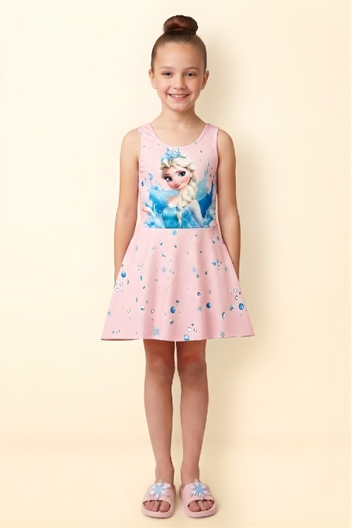 Kız Çocuk Elbise Mayo-İç Mayolu-Görsel Baskılı 3-12 Yaş 12609B