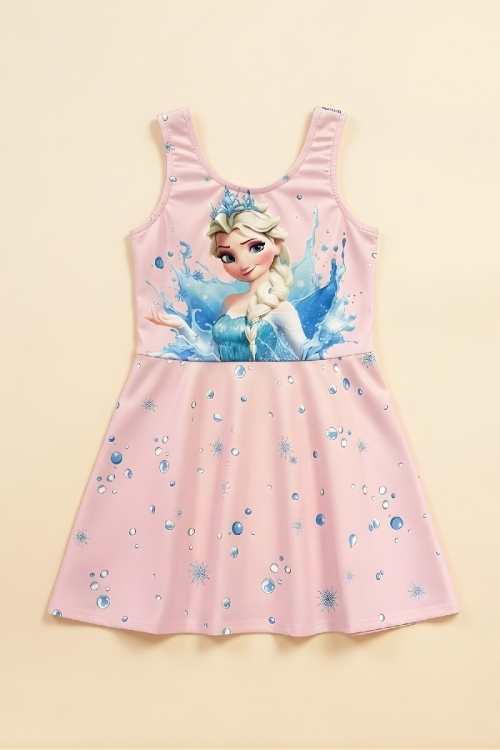 Kız Çocuk Elbise Mayo-İç Mayolu-Görsel Baskılı 3-12 Yaş 12609B