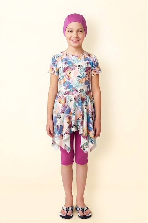 Kız Çocuk Elbise Mayo Takımı (Etek Uçları Asimetrik Üst+Diz Boy Alt ve Bone) 7-12 Yaş 12602B