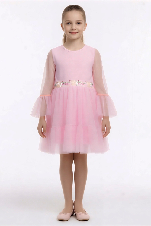 Kız Çocuk Elbise -Tül Kaplamalı-Beli Pul Detaylı 2-10 Yaş 12529