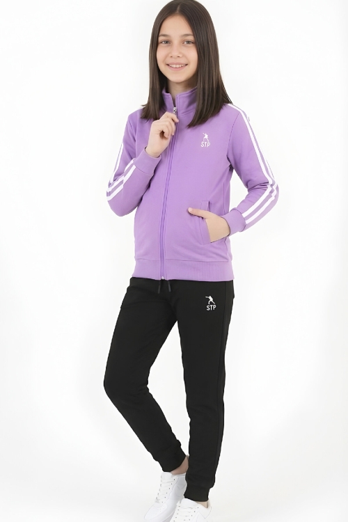 Kız Çocuk Eşofman Takımı-Fermuarlı-Hakim Yaka-Şerit Detaylı 12-16 Yaş 12379