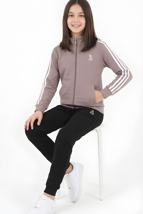 Kız Çocuk Eşofman Takımı-Fermuarlı-Hakim Yaka-Şerit Detaylı 12-16 Yaş 12379
