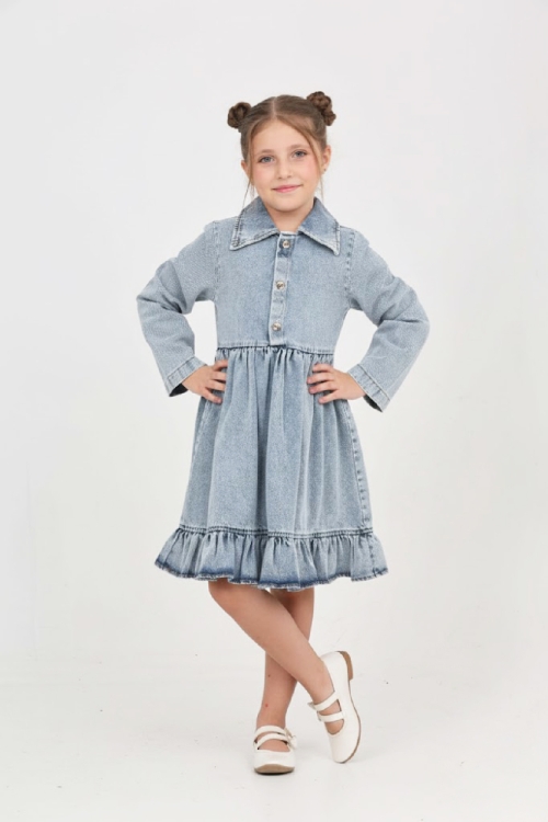 Kız Çocuk Etek Pileli ve Gömlek Yakalı Jean Elbise 12468