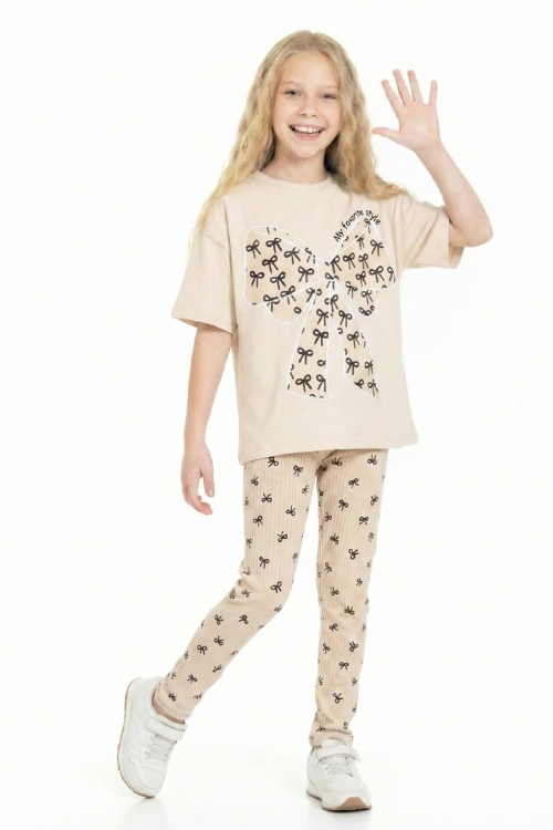 Kız Çocuk Fiyonk Baskılı-Taytlı Alt-Üst Takım 3-10 Yaş 12552