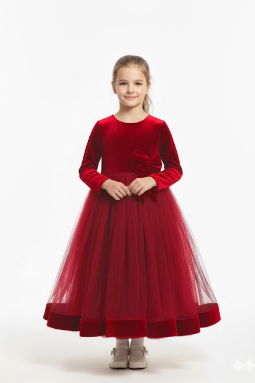 Kız Çocuk Kadife Elbise-Tül Detaylı-Fiyonk Süslemeli 7-12 Yaş 12441