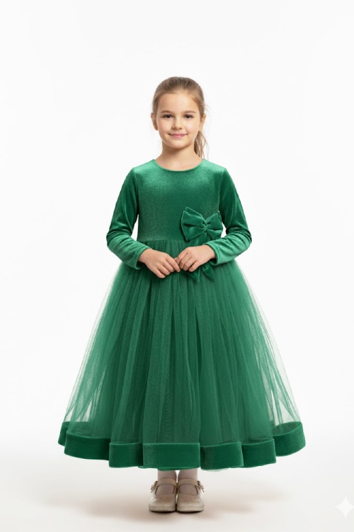 Kız Çocuk Kadife Elbise-Tül Detaylı-Fiyonk Süslemeli 7-12 Yaş 12441