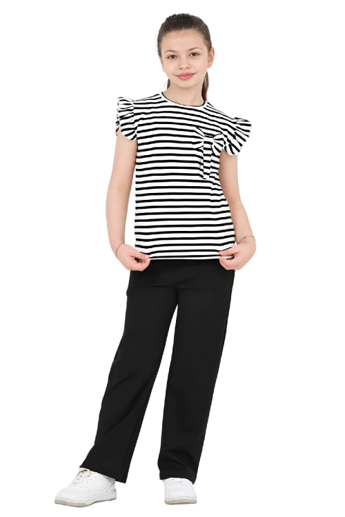 Kız Çocuk Omuz Fırfırlı ve Fiyonk Detaylı Alt-Üst Takım 4-8 Yaş 12576