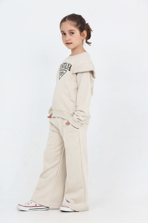 Kız Çocuk Omuz Vatka Detaylı 3 İplik Eşofman Takımı 4-8 Yaş 12560