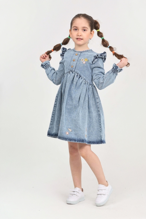Kız Çocuk Papatya Nakışlı Omuz Fırfırlı Jean Elbise 12466