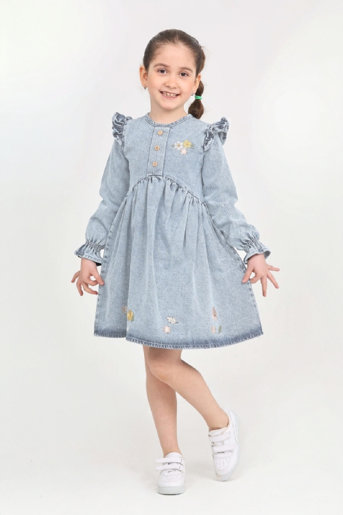 Kız Çocuk Papatya Nakışlı Omuz Fırfırlı Jean Elbise 12466