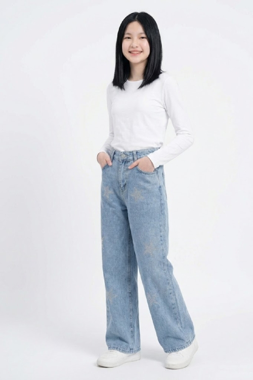 Kız Çocuk Taş Desenli Yıldız Detaylı-Geniş Paçalı Jean Pantolon 4-15 Yaş 12534