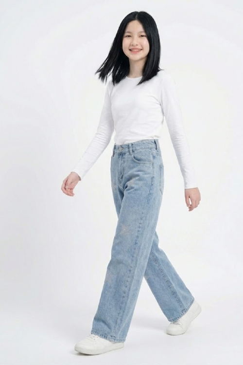 Kız Çocuk Taş Desenli Yıldız Detaylı-Geniş Paçalı Jean Pantolon 4-15 Yaş 12534