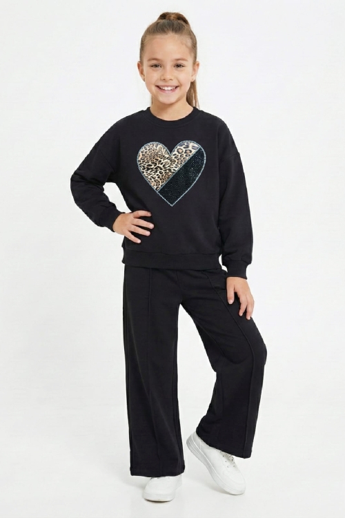 Kız Çocuk Taş İşlemeli Flexi Baskılı 2 İplik Alt-Üst Takım-5-12 Yaş 12464