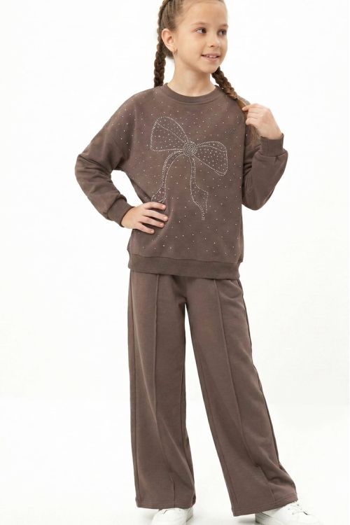 Kız Çocuk Taş Süslemeli Fiyonk Desenli 2 İplik Alt-Üst Takım 4-12 Yaş 12512